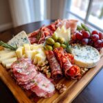Zbliżenie na bogato zaaranżowaną deskę serów i wędlin, z serem pleśniowym, salami i oliwkami.