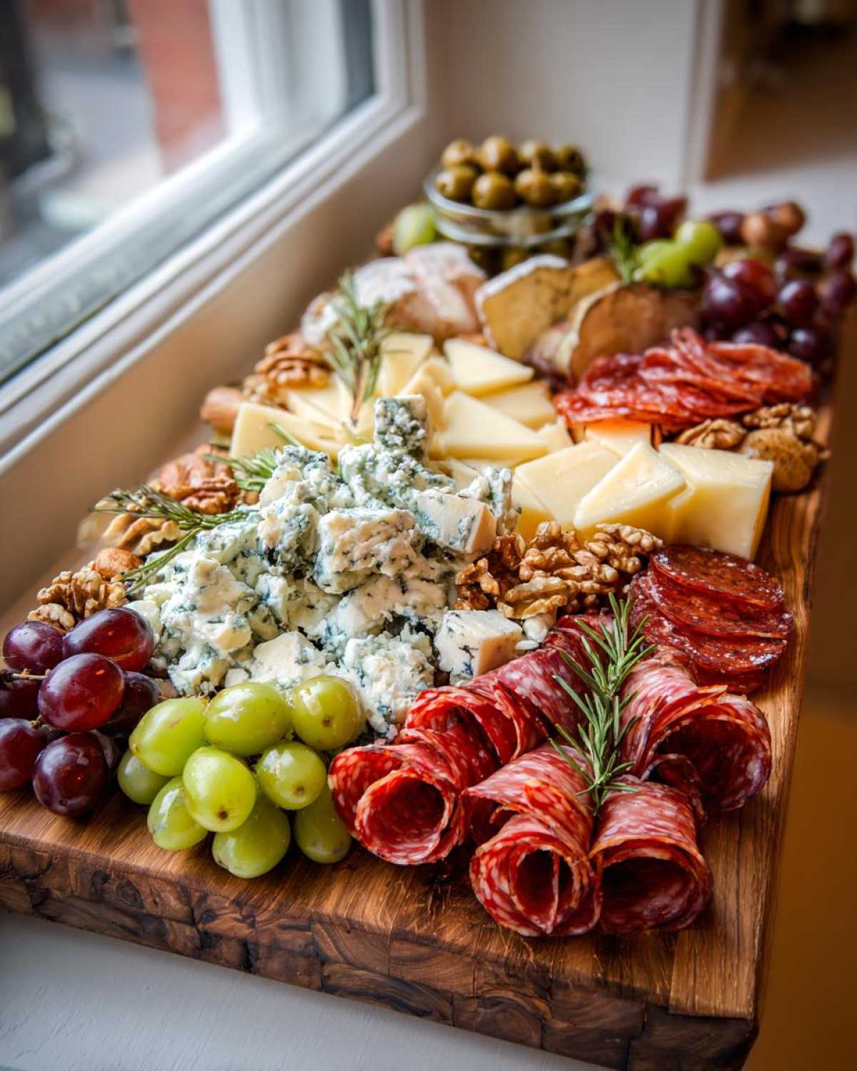 Bogata deska serów i wędlin z serem pleśniowym, salami, orzechami i winogronami, idealna na przyjęcie.