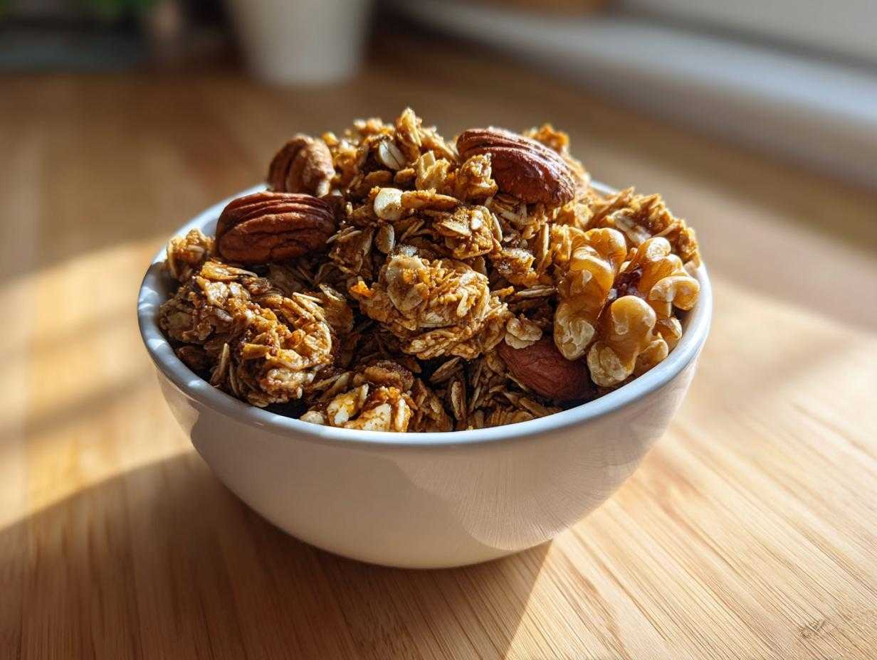 Zbliżenie na miseczkę pełną chrupiącej Domowa granola orzechowa z widocznymi orzechami włoskimi i pekan.