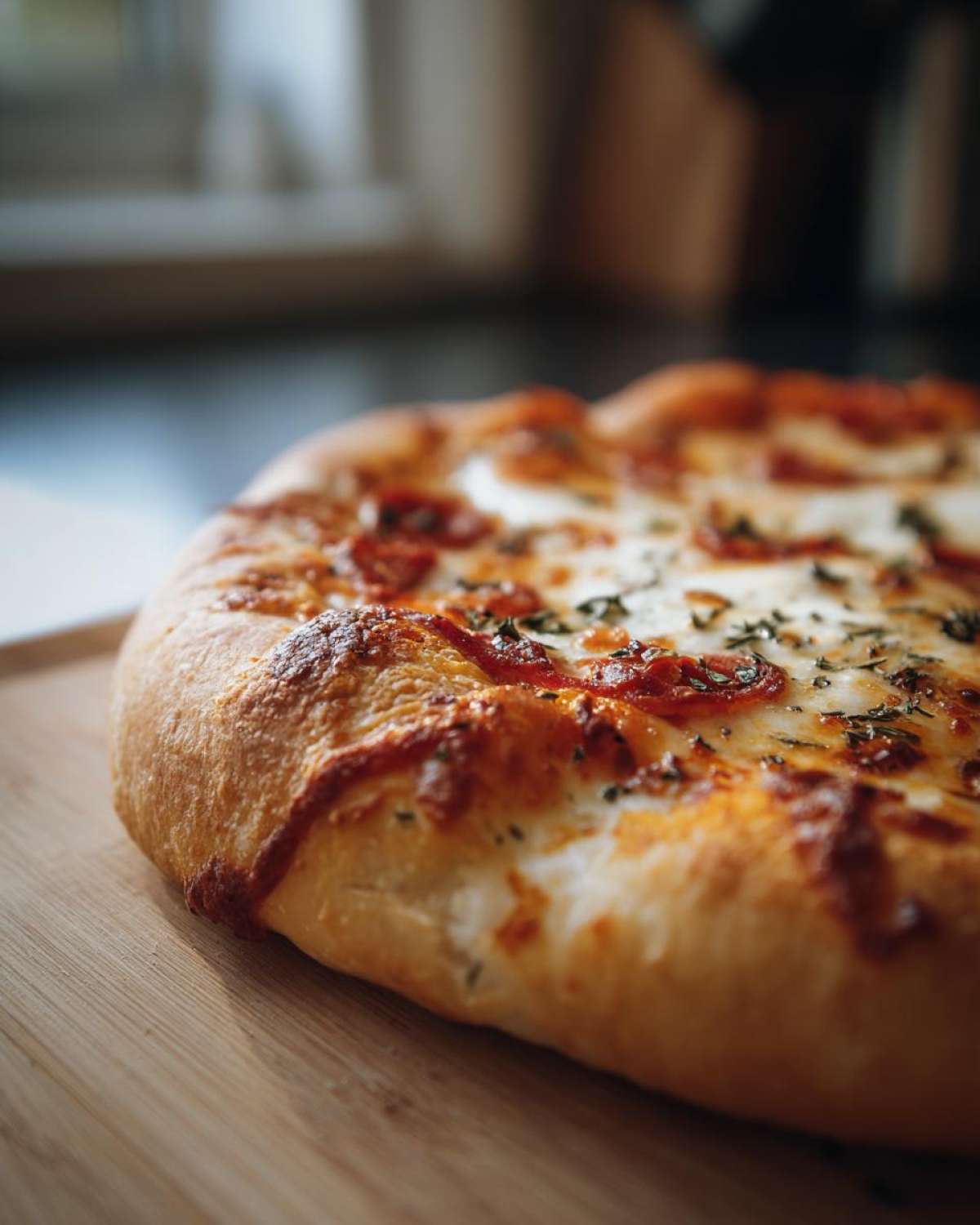 Zbliżenie na gotową domowa pizza na grubym cieście z puszystymi brzegami, serem i dodatkami.