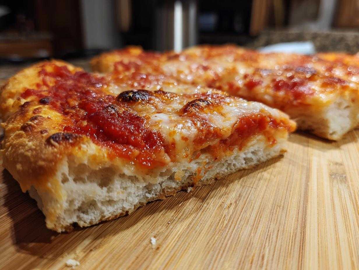 Zbliżenie na przekrój domowej pizzy na grubym cieście z puszystym spodem, sosem pomidorowym i serem.