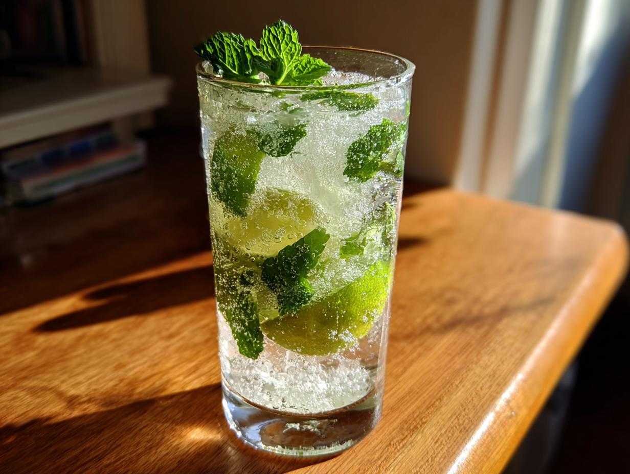 Szklanka z Drink Mohito bezalkoholowe, wypełniona lodem, limonką i świeżą miętą na drewnianym blacie.