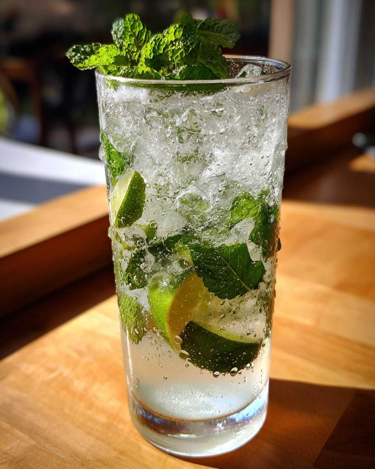 Zbliżenie na szklankę z orzeźwiającym Drink Mojito, wypełnioną lodem, limonką i świeżą miętą.