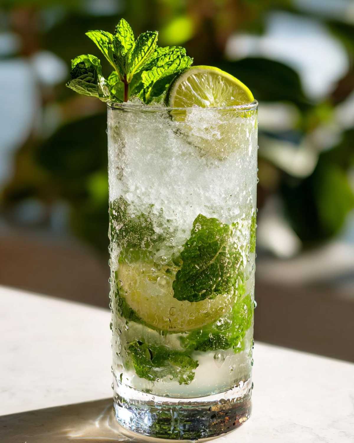 Zbliżenie na szklankę orzeźwiającego Drink Mojito z kruszonym lodem, limonką i świeżą miętą.