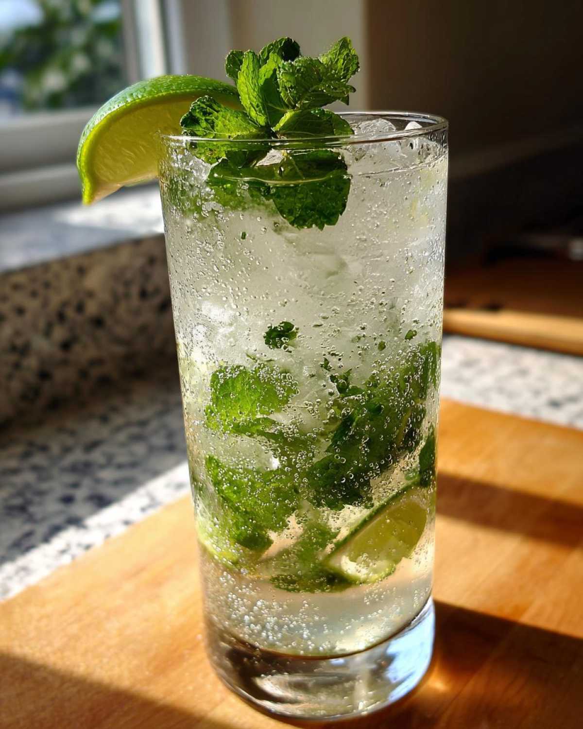 Szklanka orzeźwiającego Drink Mojito z lodem, świeżą miętą i plasterkiem limonki.
