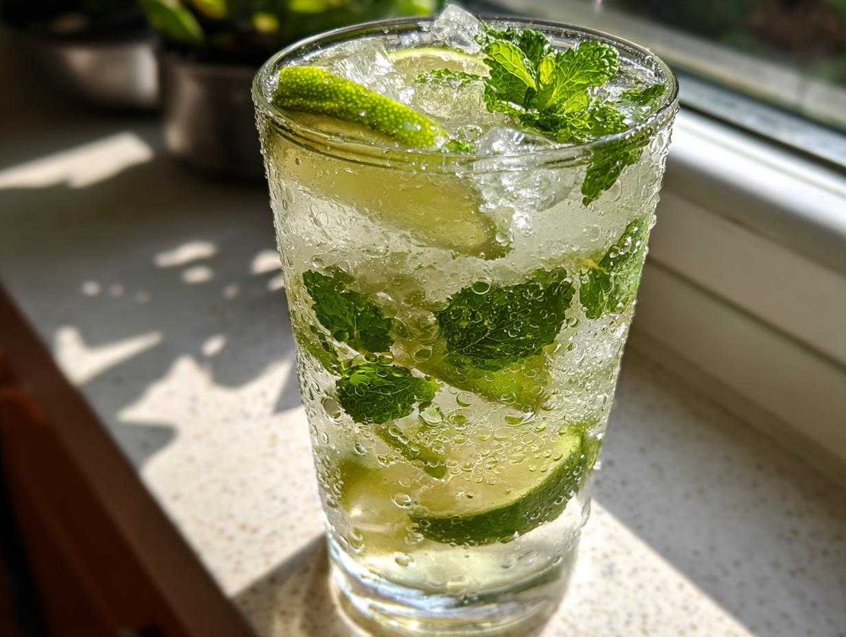 Szklanka orzeźwiającego Drink Mojito z lodem, listkami mięty i plasterkami limonki.