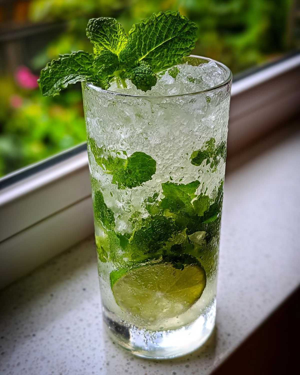 Szklanka orzeźwiającego Drink Mojito z kruszonym lodem, świeżą miętą i plasterkiem limonki.