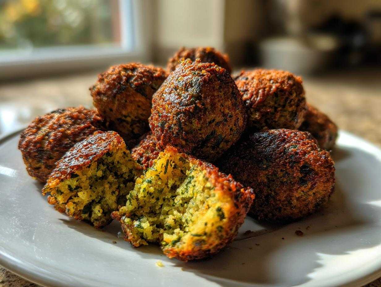 Zbliżenie na chrupiące, złocisto-brązowe kuleczki falafel z ciecierzycy, jedna przekrojona na pół.