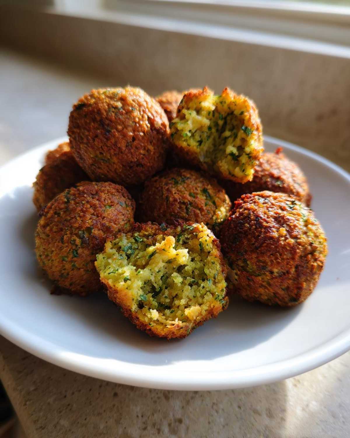 Zbliżenie na usmażone kulki falafel z ciecierzycy, jedna przekrojona, ukazująca zielone wnętrze.