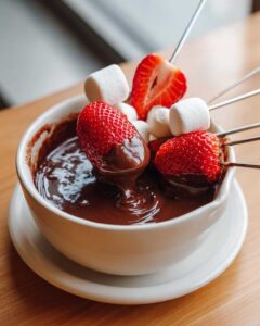 Zbliżenie na miseczkę z płynnym Fondue czekoladowe, do którego maczane są truskawki i pianki marshmallow na patyczkach.