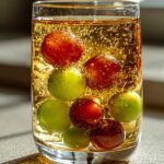 Zbliżenie na szklankę z Galaretka z szampanem, w której zatopione są czerwone i zielone winogrona, otoczone bąbelkami.