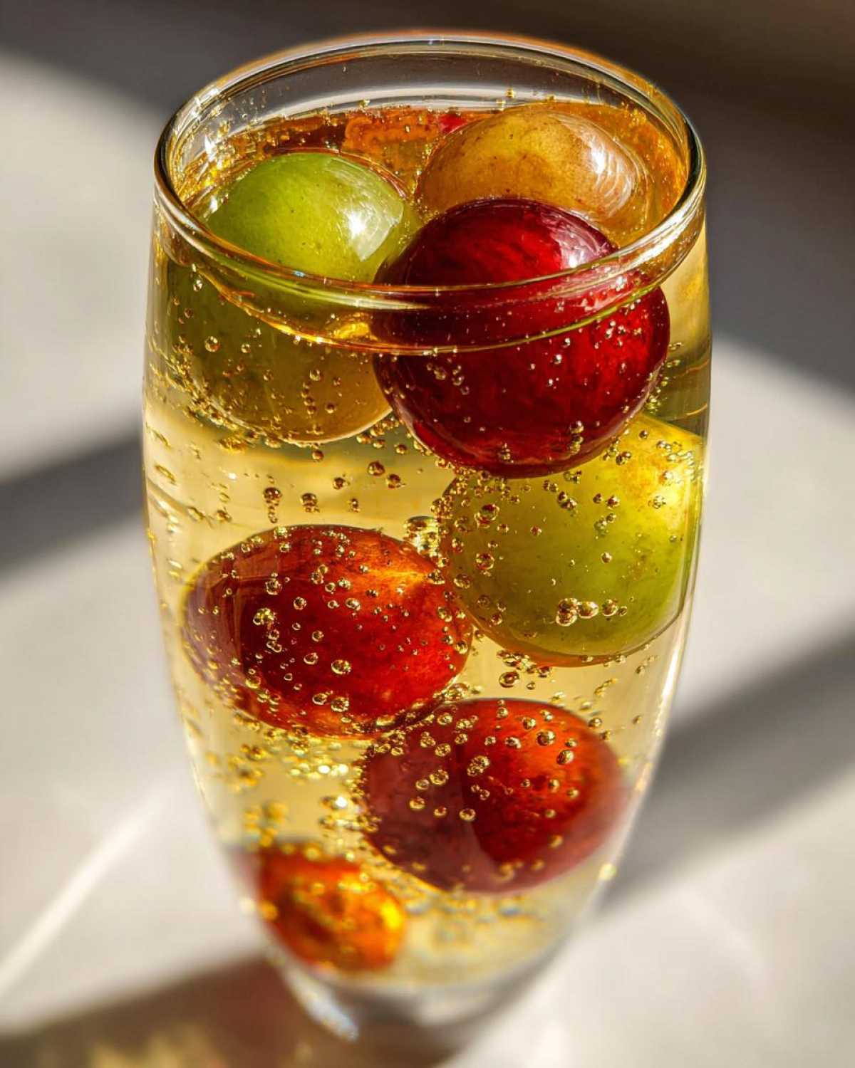 Zbliżenie na galaretkę z szampanem z czerwonymi i zielonymi winogronami, pełną bąbelków.