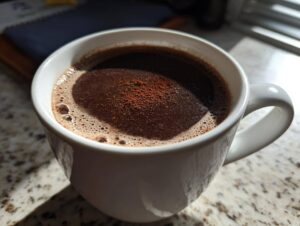 Zbliżenie na gęstą gorącą czekoladę z chili posypaną kakao w białym kubku.