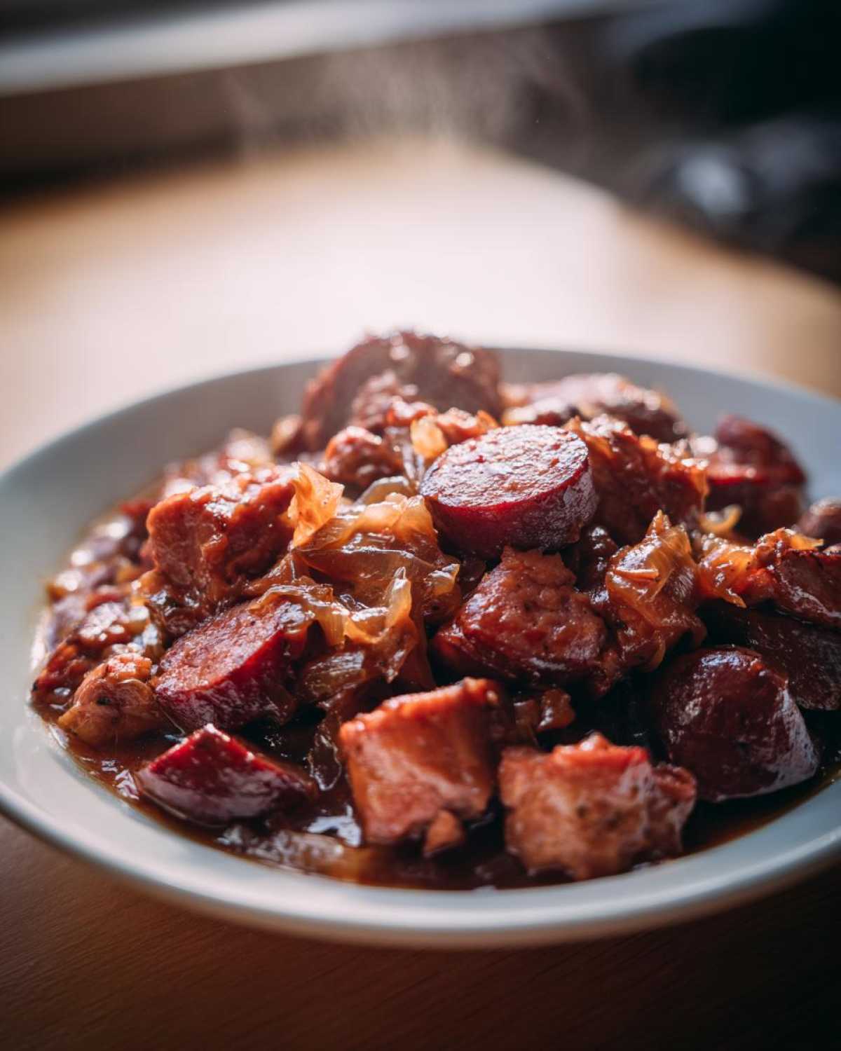 Zbliżenie na parujący talerz pełen Bigosu z kiszonej kapusty z kawałkami kiełbasy i mięsa.