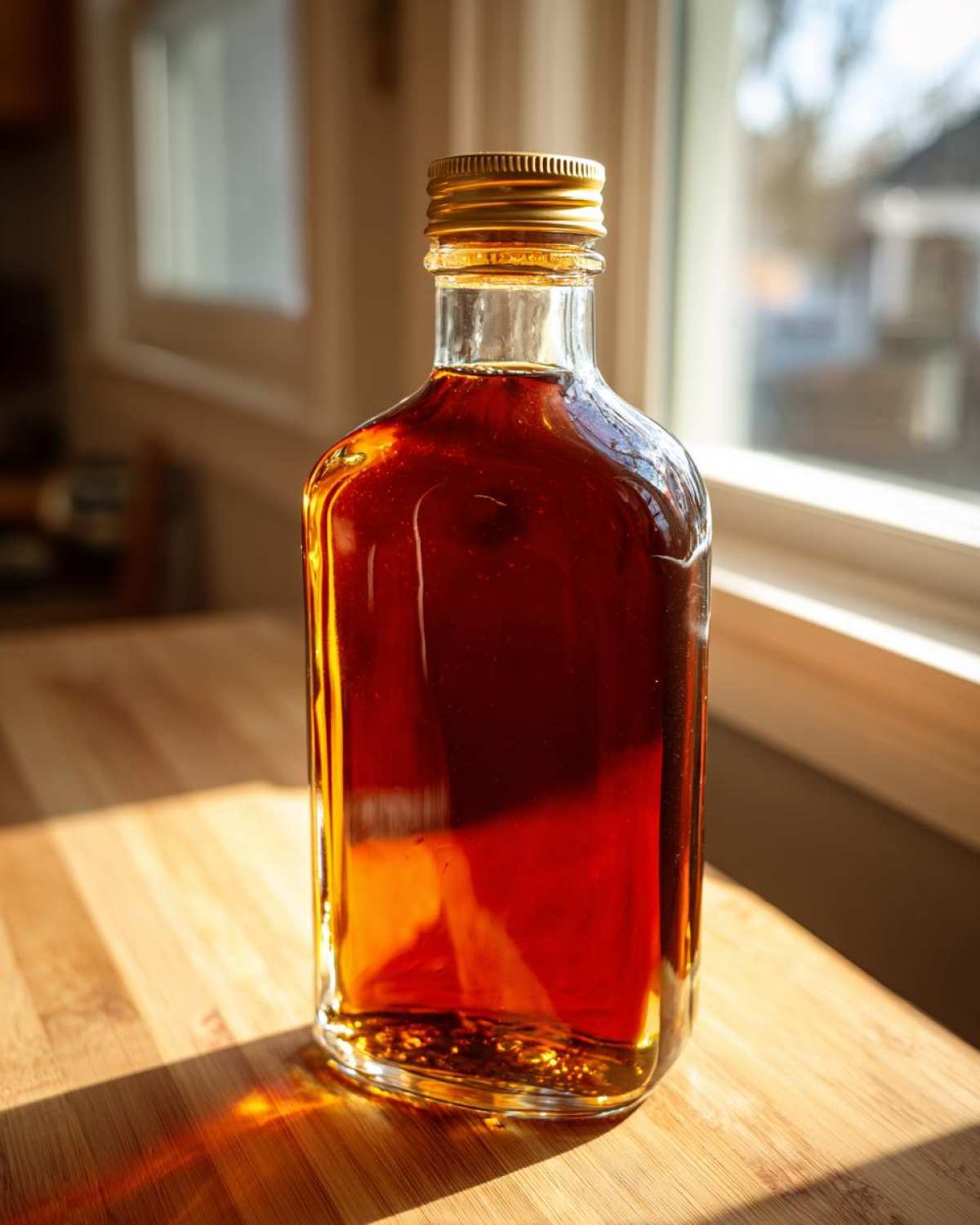 Szklana butelka z ciemnobrązowym likier kawowy domowy, stojąca na drewnianym blacie przy oknie.