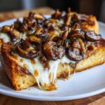 Zbliżenie na chrupiące grzanki z serem i pieczarkami, z ciągnącym się serem.