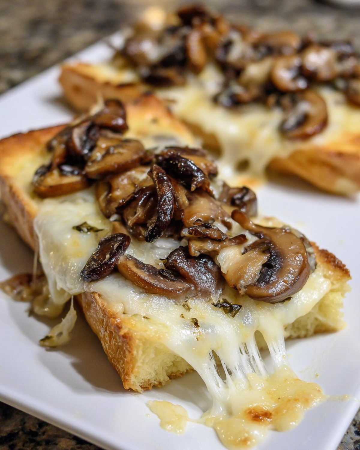 Zbliżenie na grzanki z serem i pieczarkami, z ciągnącym się serem.