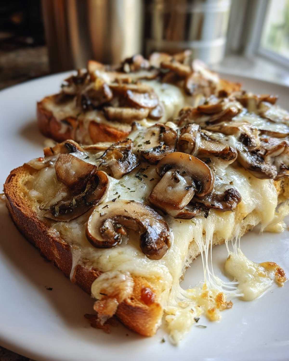 Zbliżenie na dwie grzanki z serem i pieczarkami, z ciągnącym się serem, idealne Grzanki z serem i pieczarkami.