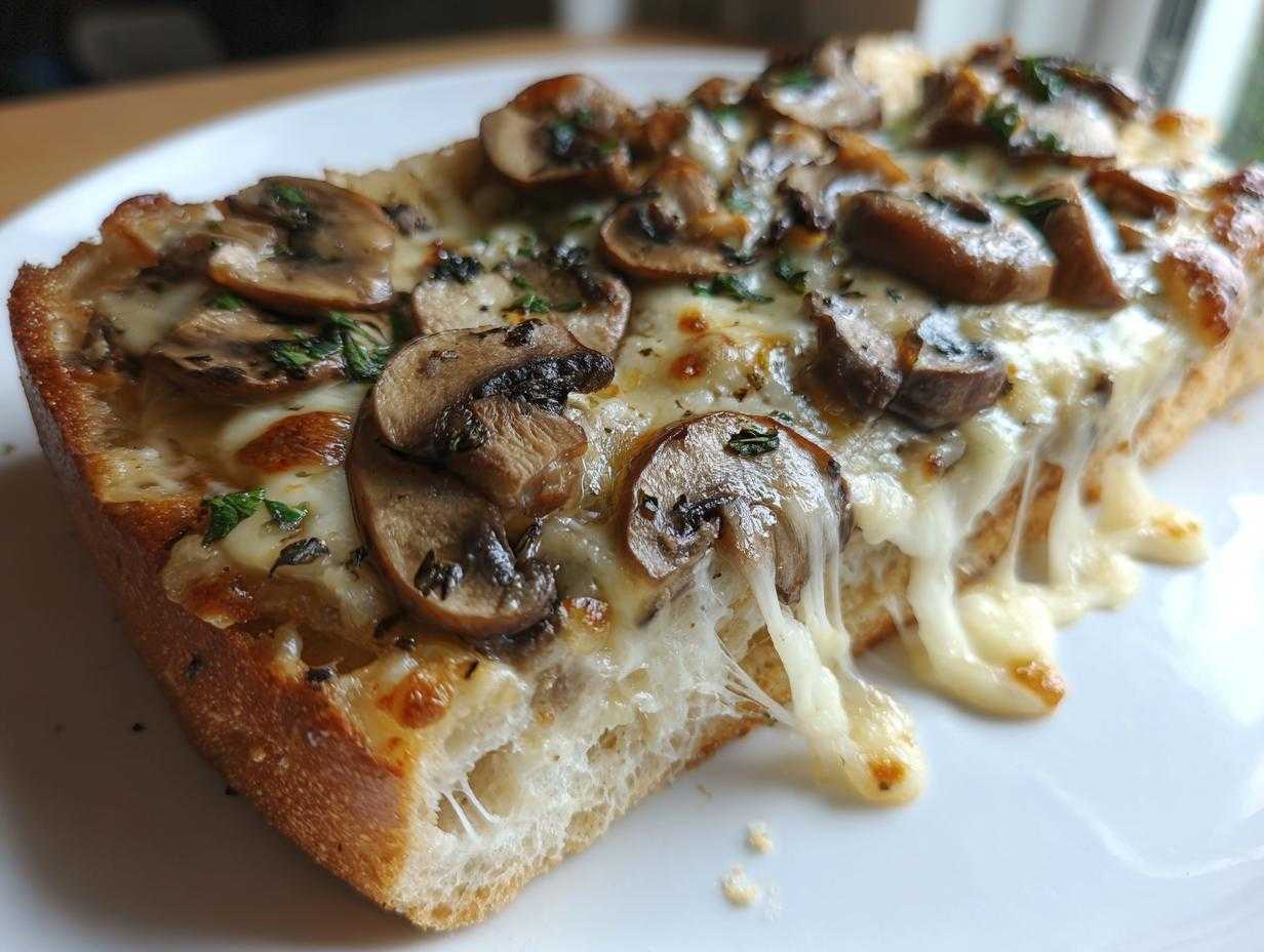 Zbliżenie na chrupiące Grzanki z serem i pieczarkami z ciągnącym się serem na białym talerzu.