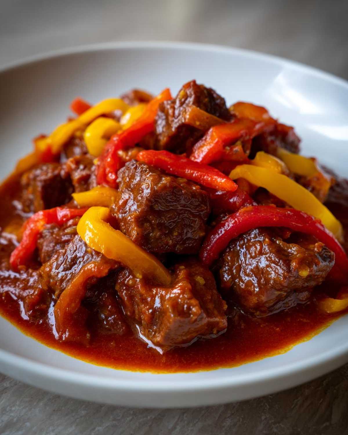 Zbliżenie na gulasz wieprzowy z papryką, mięso zanurzone w gęstym, czerwonym sosie.
