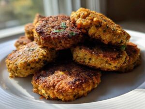 Stos chrupiących, złocistobrązowych kotlecików falafel, ułożonych na białym talerzu.