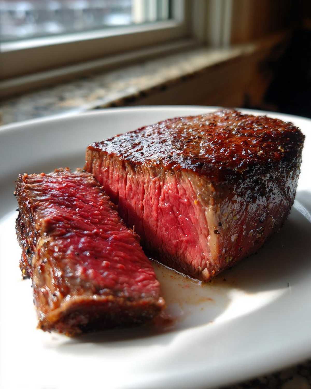 Zbliżenie na przekrojony stek z polędwicy wołowej o intensywnie różowym środku (medium-rare).