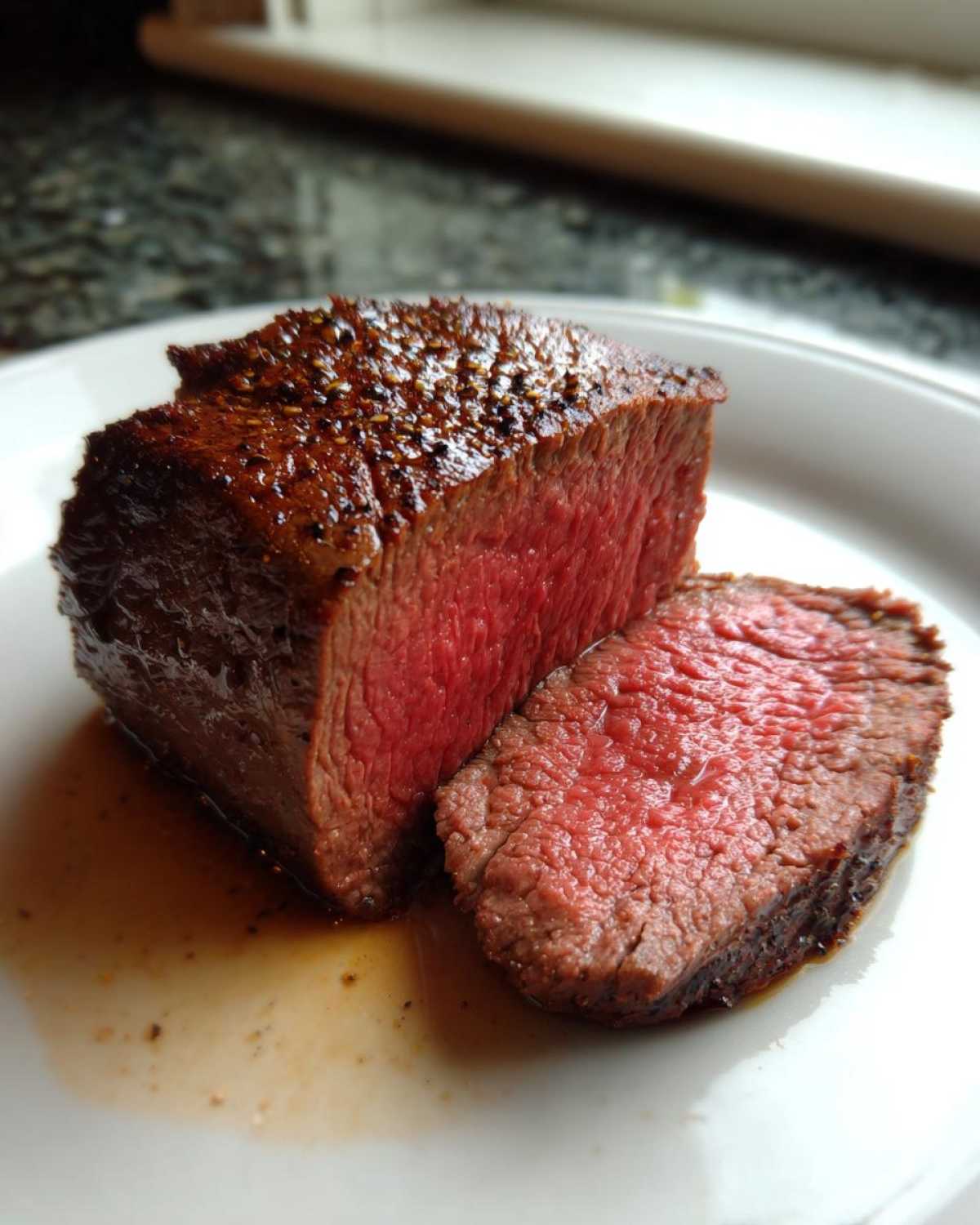 Przekrojony stek z polędwicy wołowej o idealnie różowym wnętrzu (medium rare) na białym talerzu.