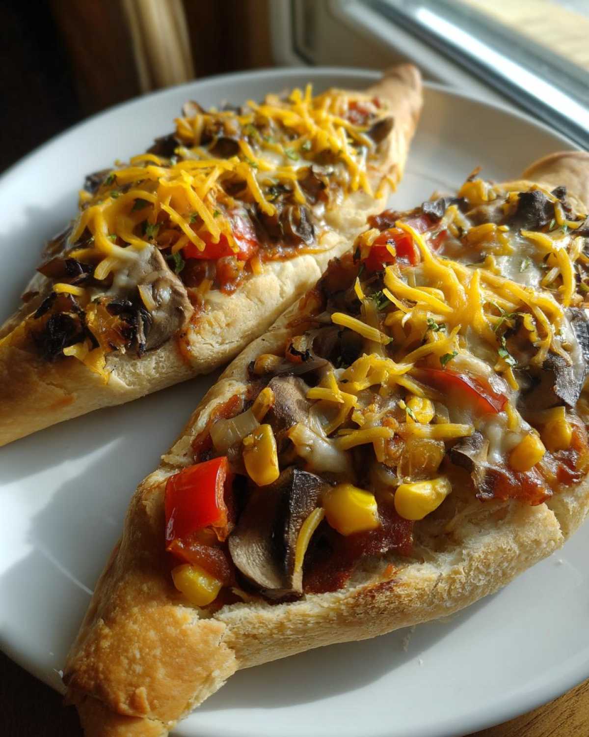 Dwie zapieczone Imprezowe łódeczki z warzywami, grzybami, kukurydzą i startym serem cheddar.