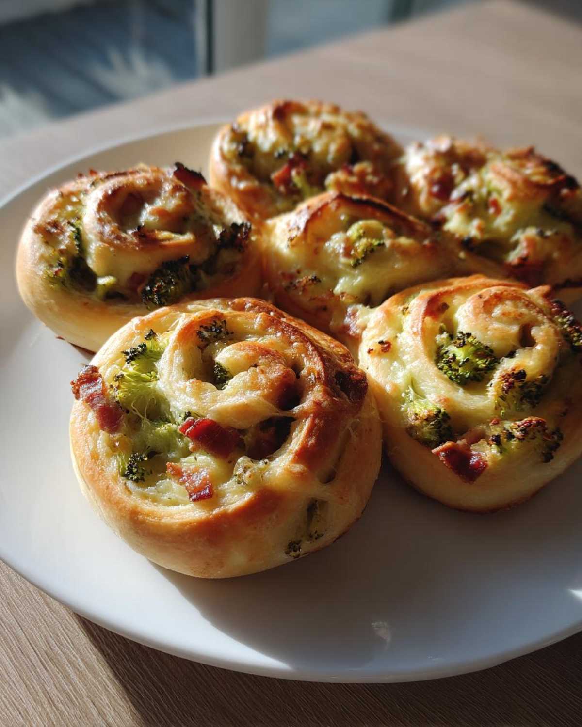 Zbliżenie na kilka świeżo upieczonych Imprezowych rolsów z brokułami i boczkiem na białym talerzu.