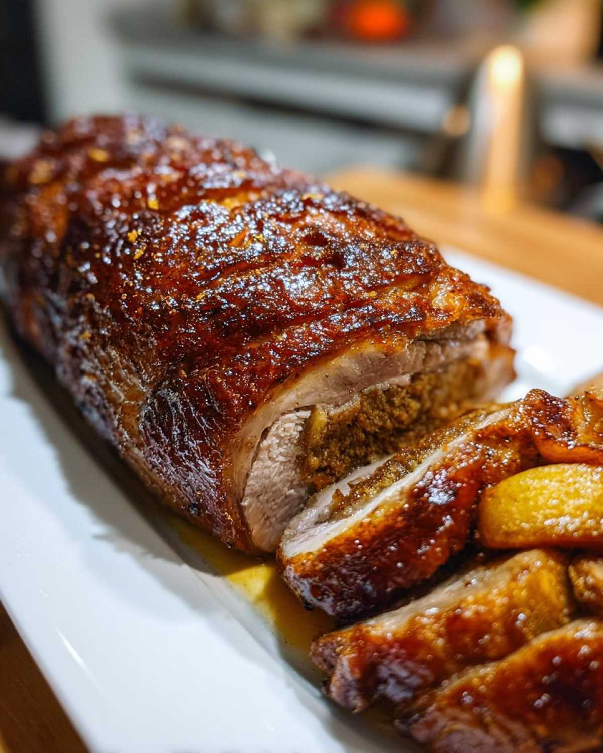 Zbliżenie na upieczoną, błyszczącą skórkę kaczki z jabłkami, widoczne jest nadzienie i pokrojone kawałki.