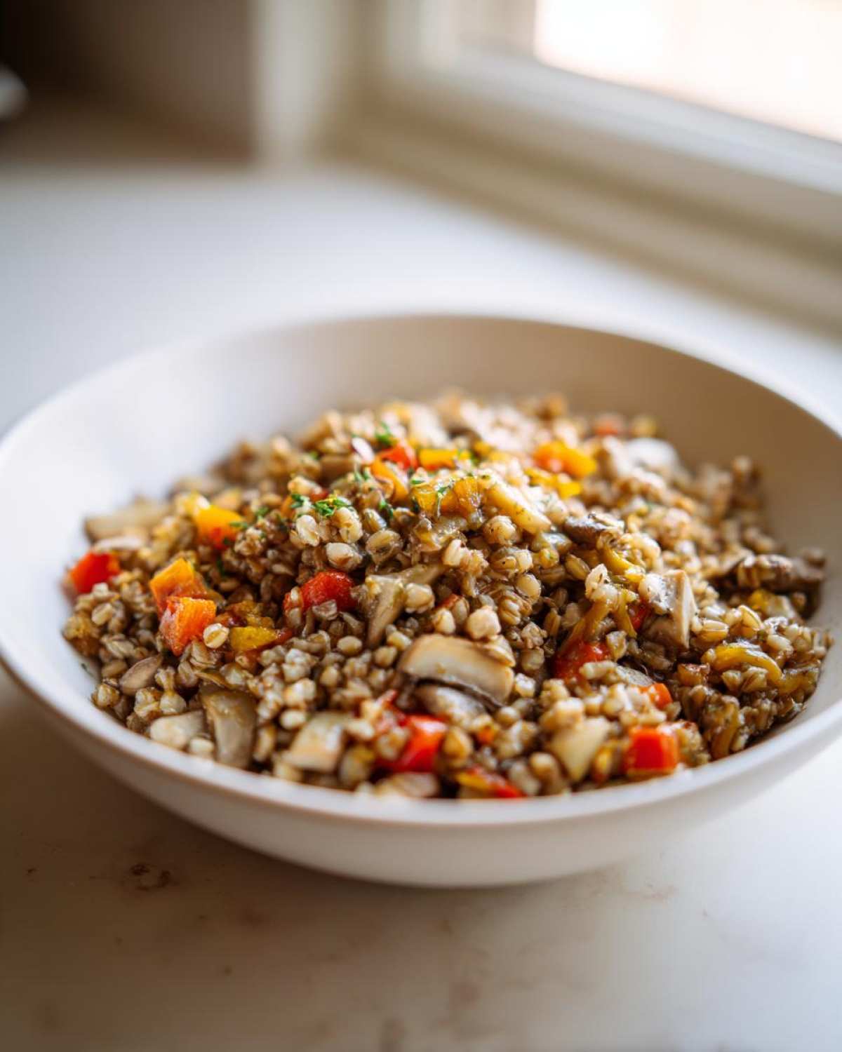 Zbliżenie na miskę pełną kaszy gryczanej z warzywami, w tym papryką i grzybami.