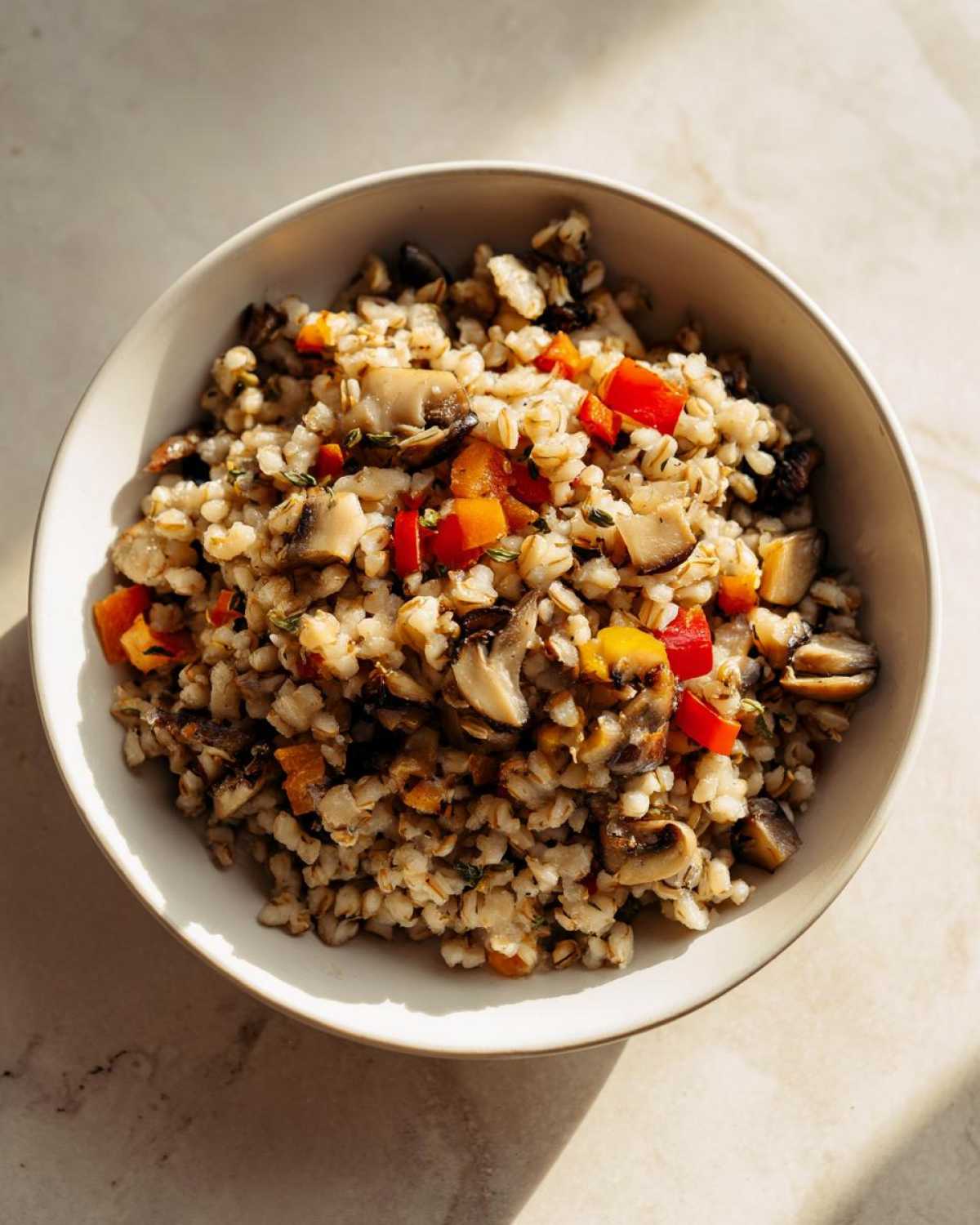 Zbliżenie na miskę pełną pysznej kaszy gryczanej z warzywami, grzybami i papryką.