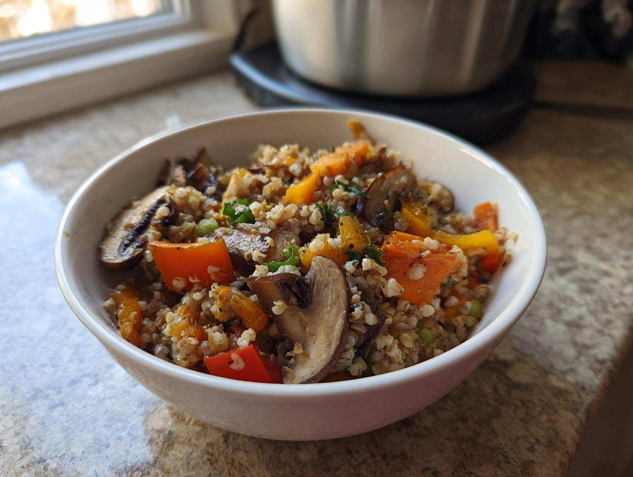 Zbliżenie na białą miseczkę wypełnioną kaszą gryczaną z warzywami, w tym kawałkami pomarańczowej papryki i pieczonymi grzybami.