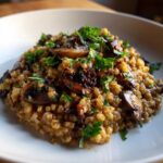 Zbliżenie na kremowe Kaszotto z grzybami, polane sosem i posypane świeżą natką pietruszki.