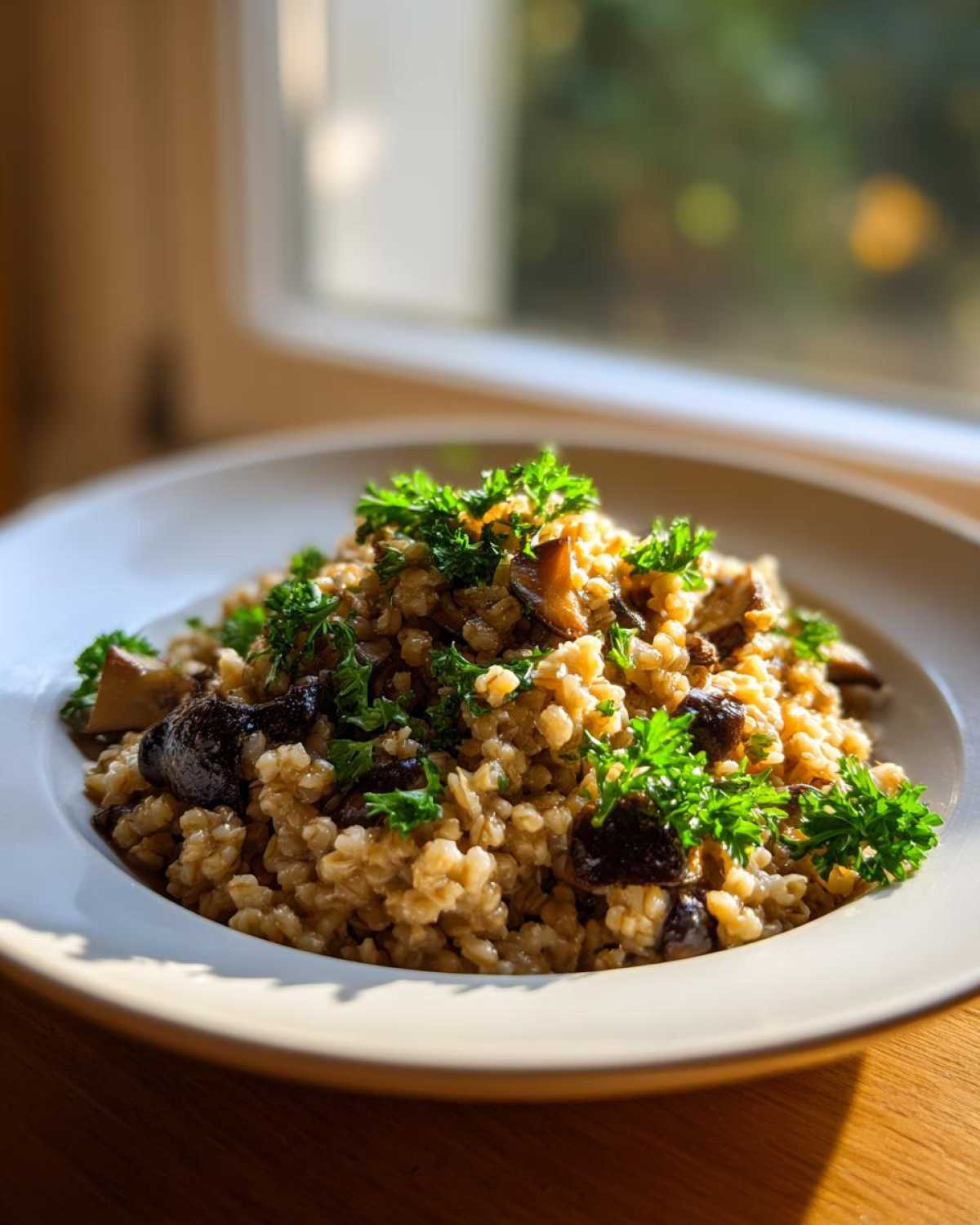 Zbliżenie na kremowe Kaszotto z grzybami, posypane świeżą natką pietruszki, stojące w świetle przy oknie.