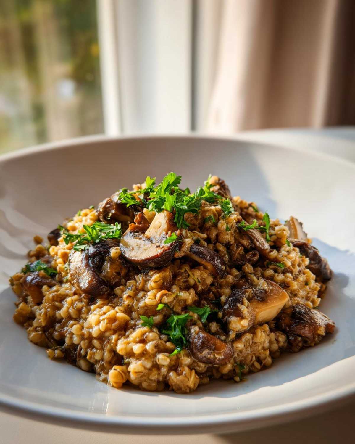 Zbliżenie na kremowe Kaszotto z grzybami, posypane świeżą natką pietruszki, podane w białej misce.