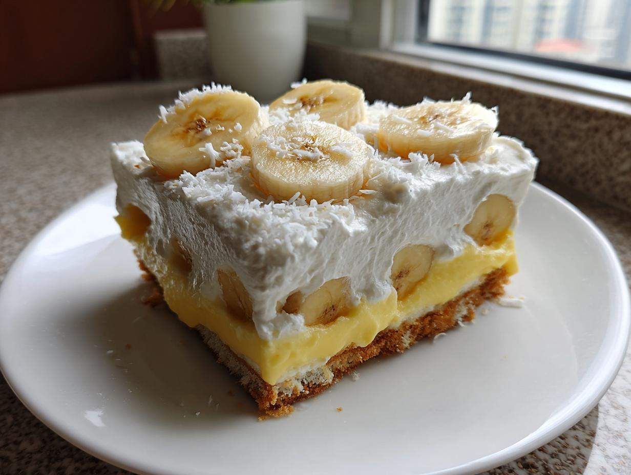 Duży kawałek ciasta Bananowa chmurka z warstwą budyniu, bitej śmietany i plasterkami banana.