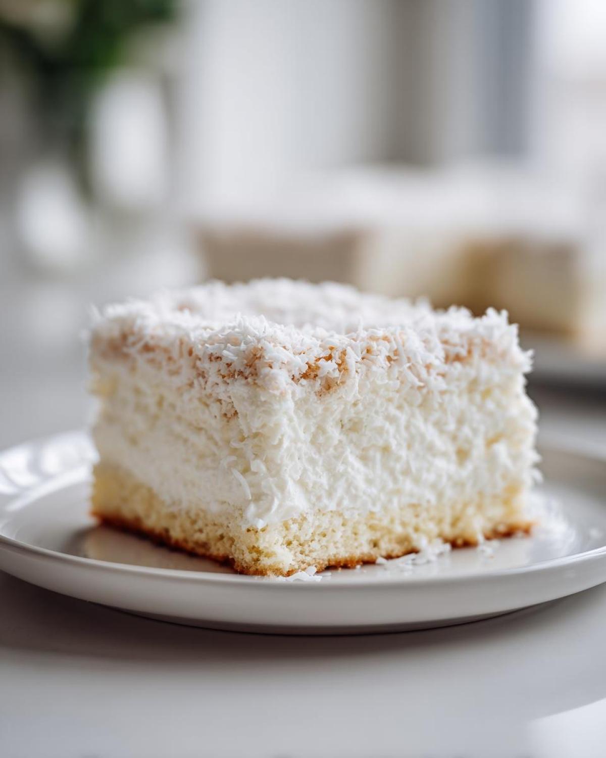 Zbliżenie na kawałek Ciasta Raffaello z grubą warstwą białego kremu i wiórkami kokosowymi na wierzchu.