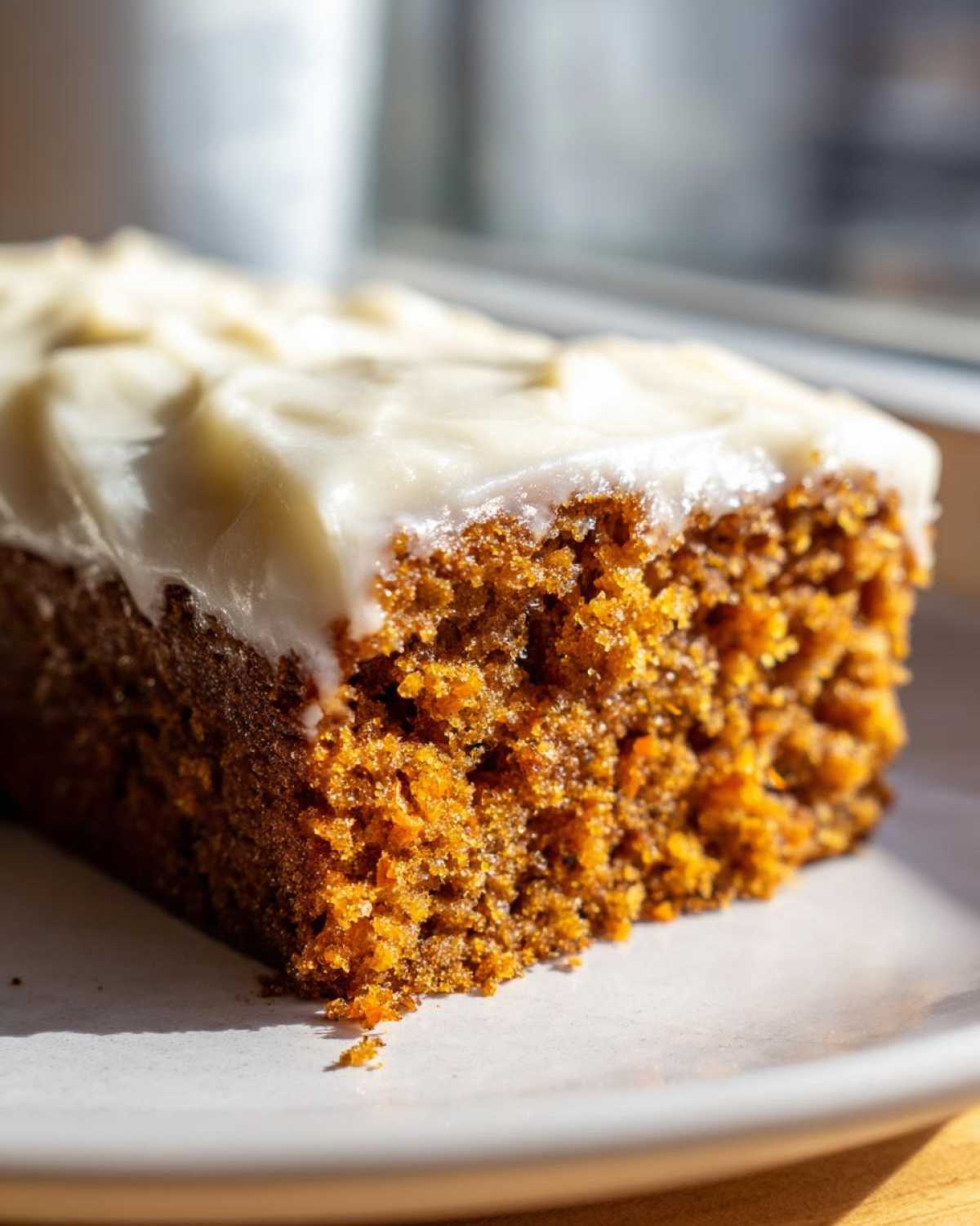 Zbliżenie na wilgotny kawałek Ciasto marchewkowe fit z grubą warstwą białego kremu na wierzchu.