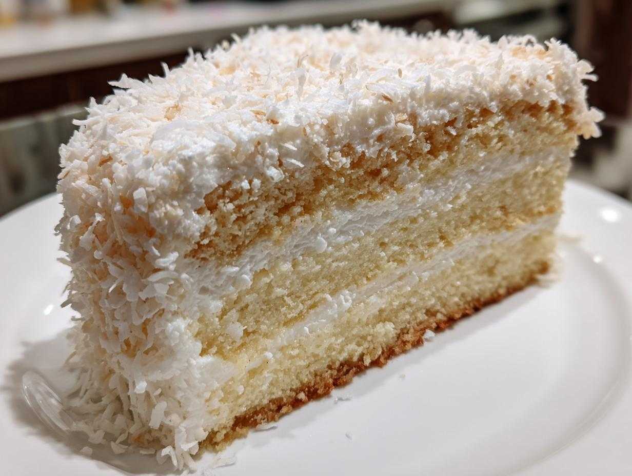 Zbliżenie na kawałek Ciasto Raffaello z warstwami biszkoptu, kremu i obficie posypane wiórkami kokosowymi.