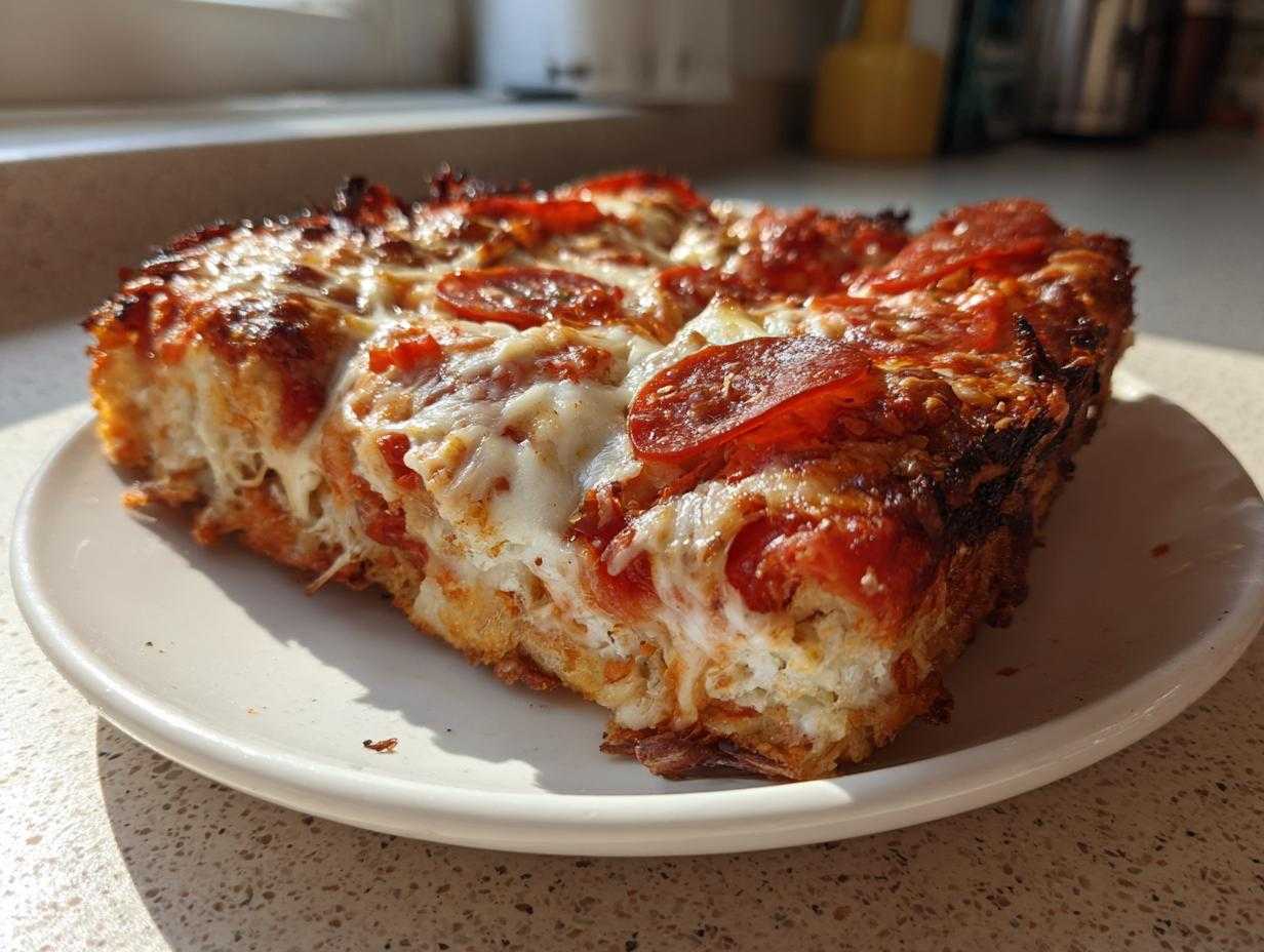 Kawałek grubej Imprezowej pizzy z ciągnącym się serem i pepperoni na białym talerzyku.