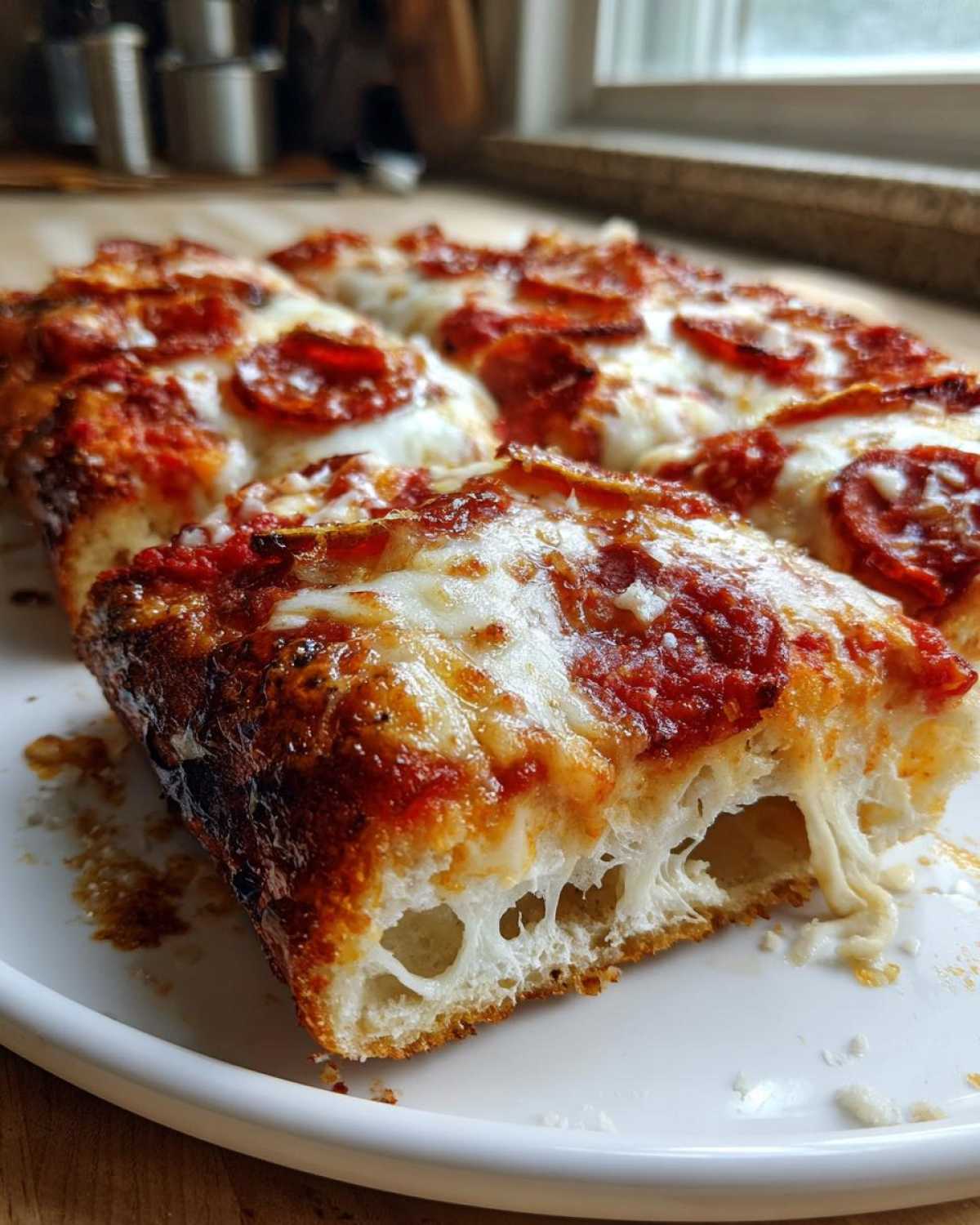 Zbliżenie na kawałek Imprezowej pizzy pepperoni z ciągnącym się serem i puszystym ciastem.