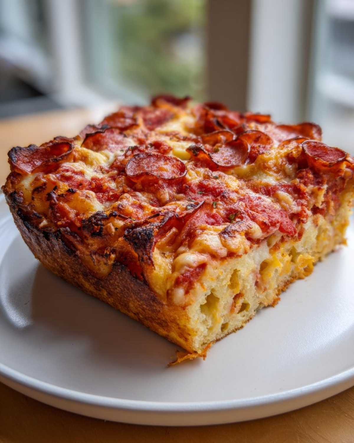 Kawałek głębokiej Imprezowej pizzy z serem, sosem pomidorowym i pepperoni na białym talerzu.