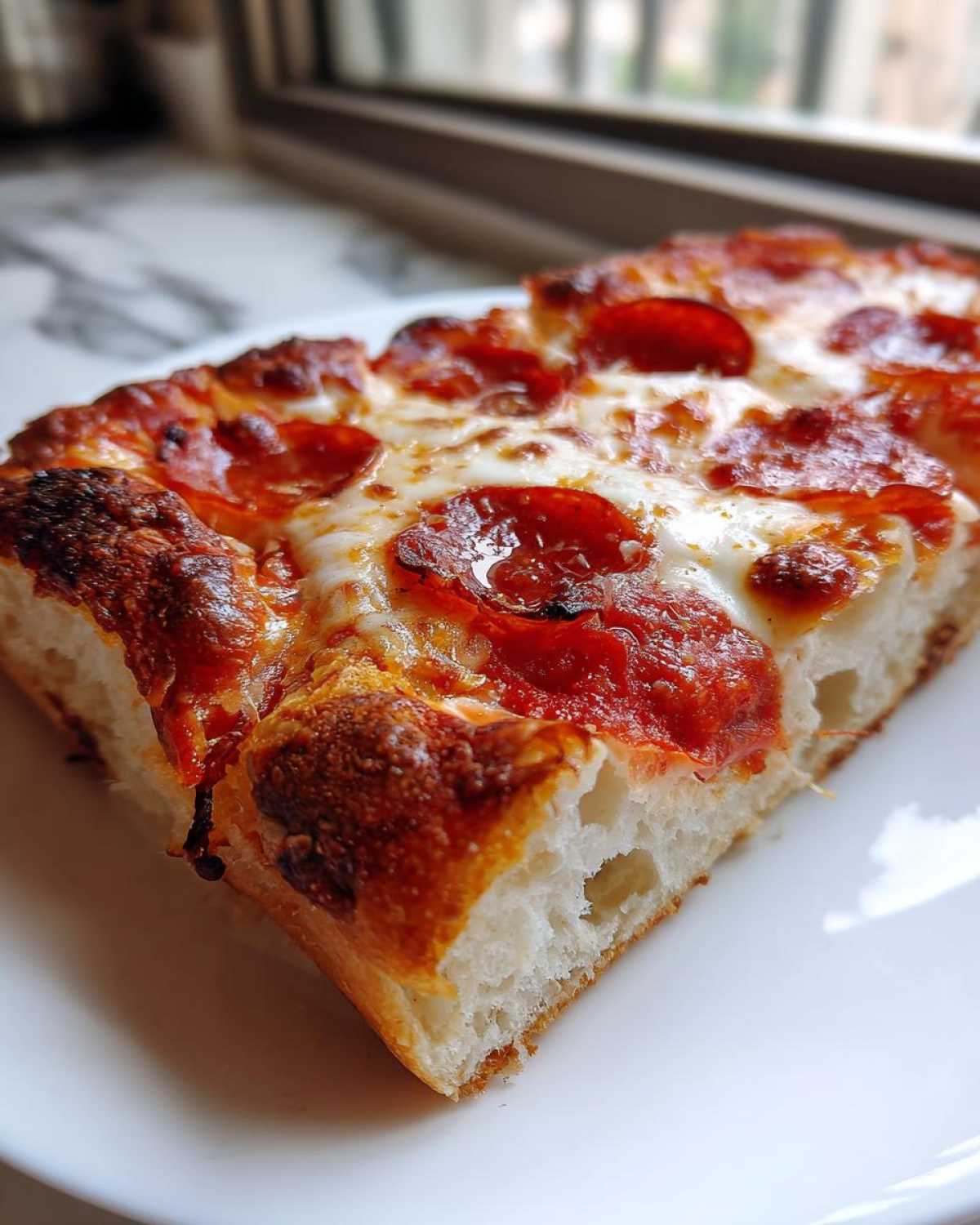 Zbliżenie na kawałek Imprezowej pizzy z serem i pepperoni, pokazujące puszysty, wysoki brzeg ciasta.