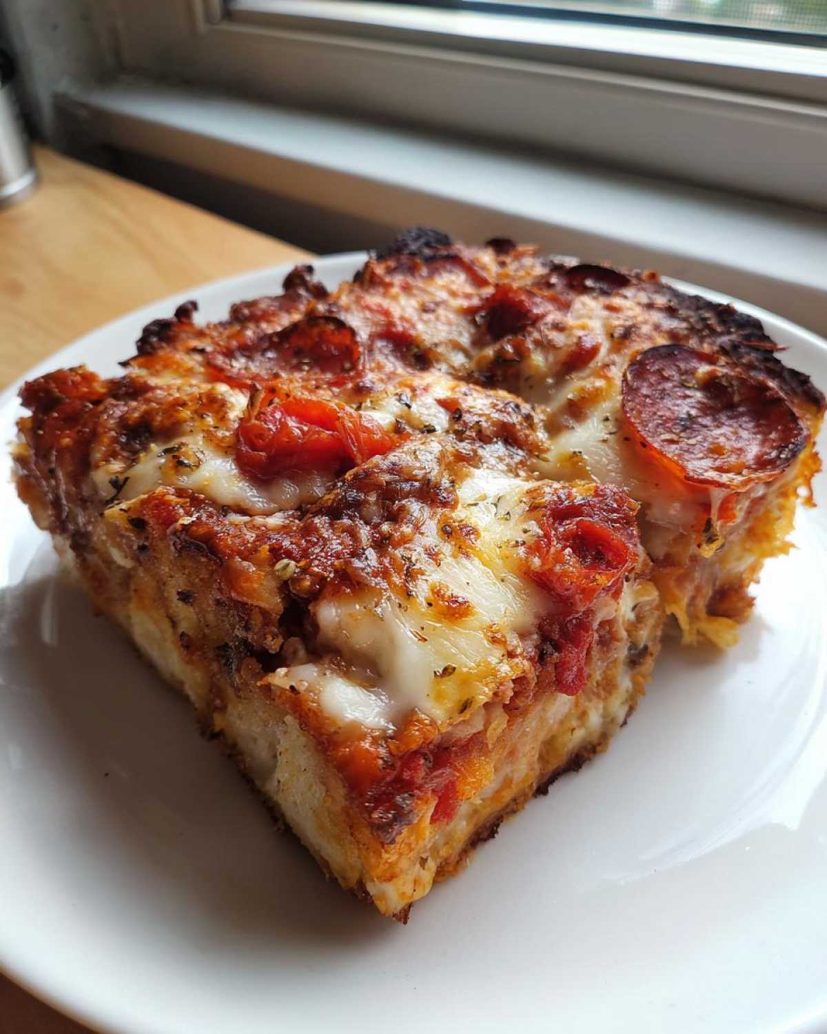 Dwa grube kawałki Imprezowej pizzy z pepperoni i ciągnącym serem na białym talerzu.