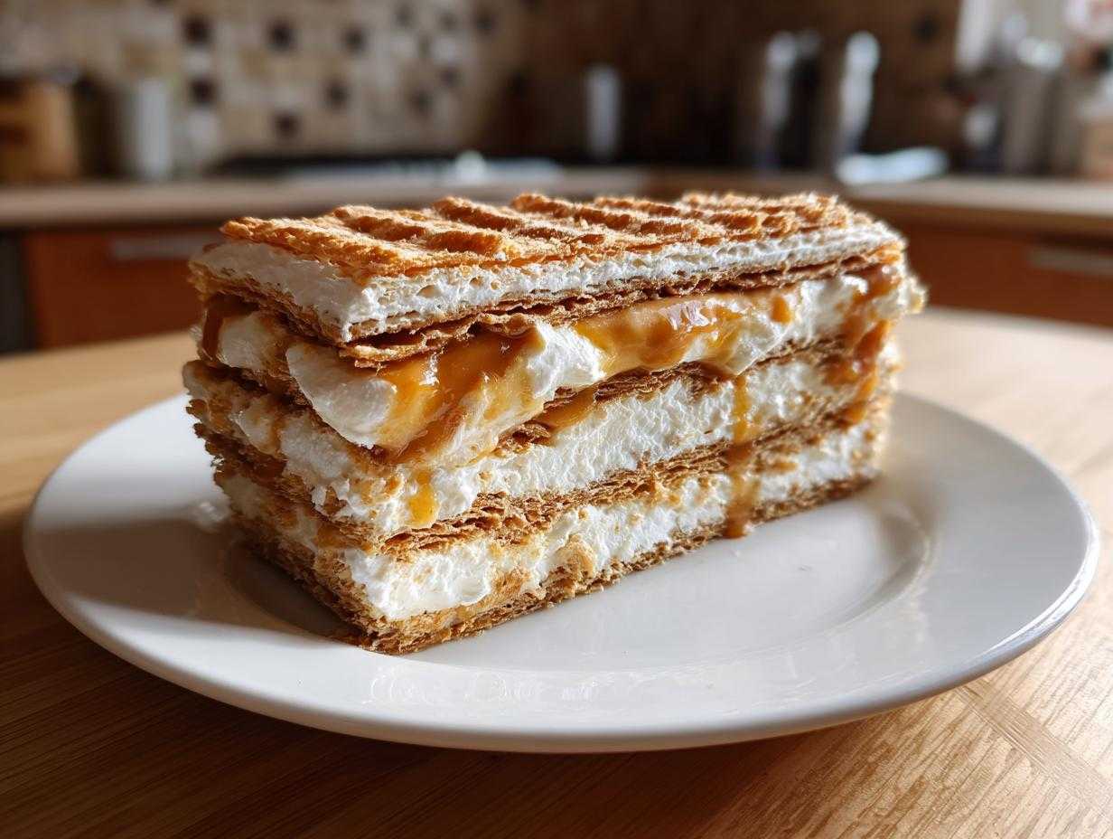 Przekrój puszystego torcika waflowego z warstwami kremu i sosem karmelowym na białym talerzu.