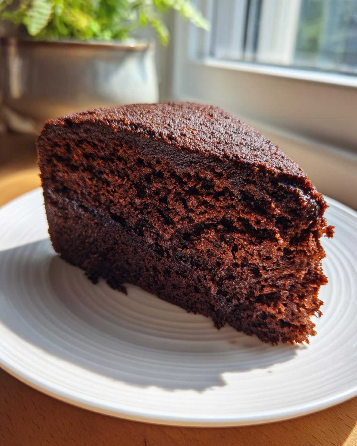 Kawałek ciemnego, wilgotnego ciasta czekoladowego na białym talerzu, oświetlony słońcem.