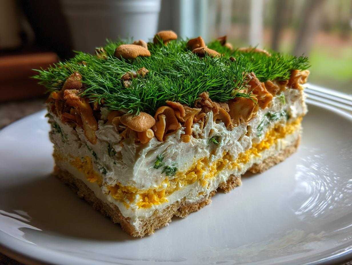 Przekrój warstwowej Sałatki leśna polana udekorowanej koperkiem i kurkami.