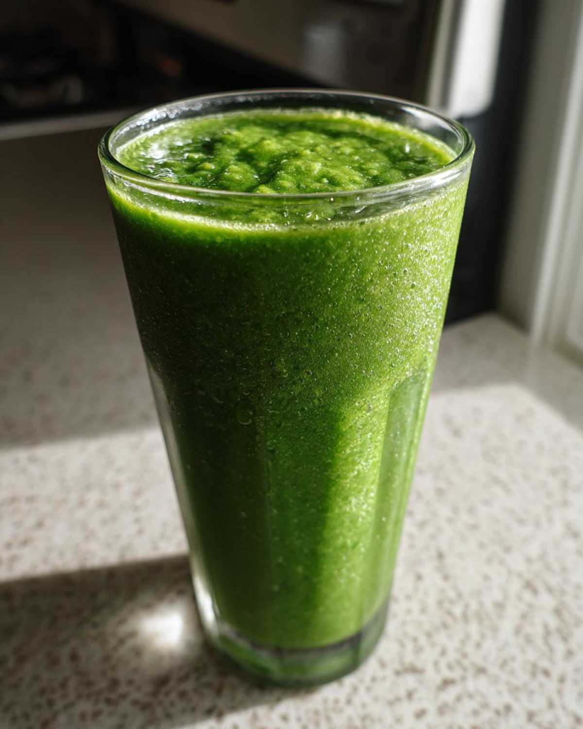 Zbliżenie na szklankę z gęstym, intensywnie zielonym Koktajl z jarmużu i jabłka, stojącą na jasnym blacie.