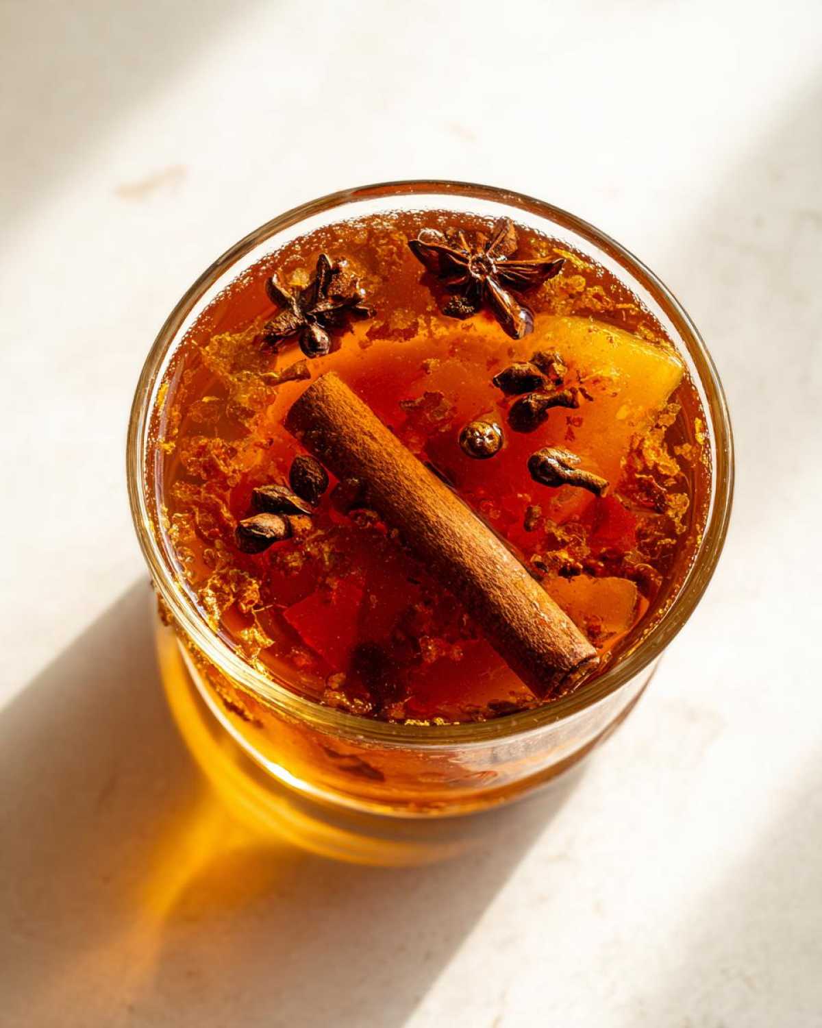 Zbliżenie na szklankę z bursztynowym Kompotem z jabłek, ozdobionym laską cynamonu, anyżem i goździkami.